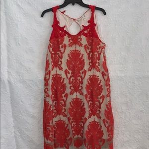 Red and tan lace dress